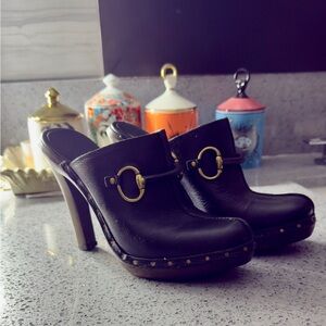 Gucci Horsebit Elegant Black Leather Heeled Mules Size 7 W